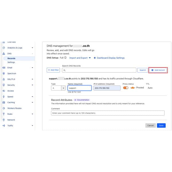 การสร้าง subdomain record ใน Cloudflare